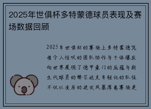 2025年世俱杯多特蒙德球员表现及赛场数据回顾